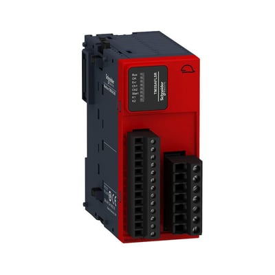 Detaljeret billede af Schneider Electric TM3-modul med synlige LED-indikatorer og terminalblokke på hvid baggrund.