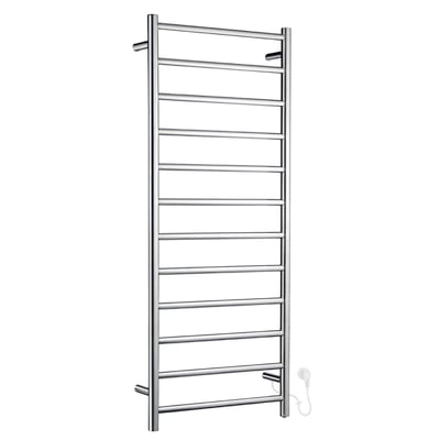 Smedbo dry el-opvarmet håndklædetørrer i rustfrit stål, 120W, 500mm bred med 11 horisontale rør på hvid baggrund.