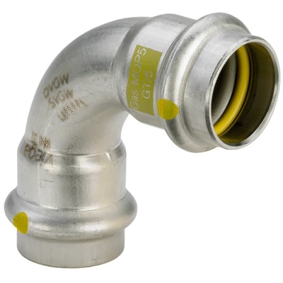 Viega Sanpress Inox G bøjning, 15 mm diameter og 90 graders vinkel, set fra en anden vinkel.