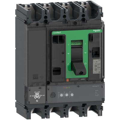 Schneider Electric ComPacT NSX400R 400A 4P maksimalafbryder, vist fra siden med detaljer om MicroLogic 2.3 og justeringsknapper.