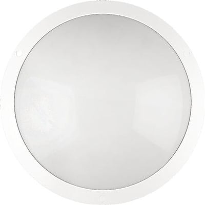 Rund, hvid Hide-a-lite Moon PUB-loft- og vægplafond med opal afskærmning, set lige forfra.