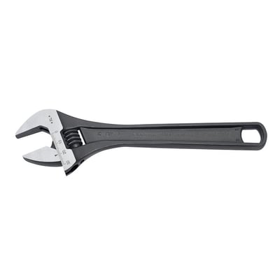 Ironside skiftenøgle på 10 tommer med sort greb, sølvfarvede kæber og synlig millimeterskala; nøglevidde 34 mm.