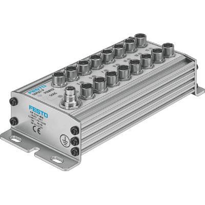 Festo input module CP-E16-M8 i aluminium med 16 porte og monteringsbeslag på hvid baggrund.