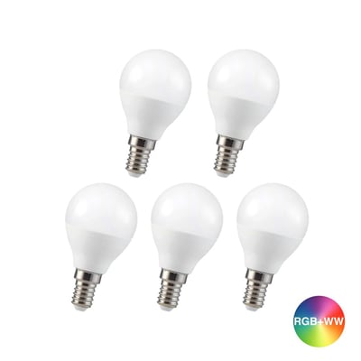 V-TAC LED-pære med E14-fatning og RGB samt varmt hvidt lys, vist her som fem hvide pærer med skruefatning.