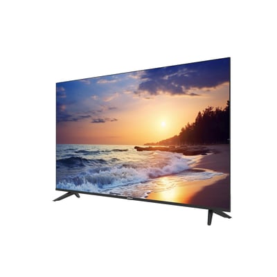 Dahua 55-tommers UHD LED-skærm LM55-F400N med sort ramme og fødder viser en strand ved solnedgang.