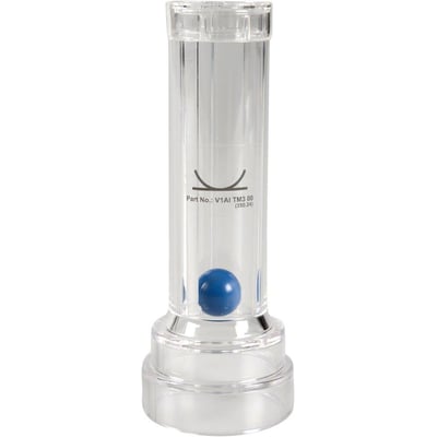 Detaljeret billede af Boisen Safety Airflow Indicator Comfort, viser mærkatet med 'Part No.: V1AI TM3 00' og den blå indikatorbold.