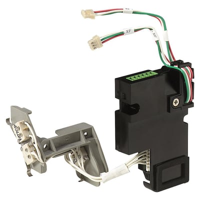 Schneider Electric ON/OFF hjælpekontakt 4OF-5A/240VAC, MTZ2/3-SP med tilslutningskabler og monteringsbeslag på hvid baggrund.