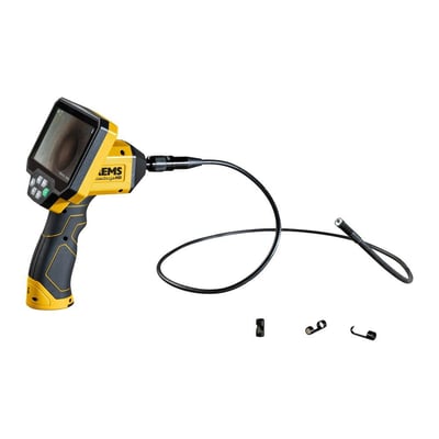 REMS CamScope HD inspektionskamera med LCD-skærm og 8mm kamera-kabel på hvid baggrund, inklusive diverse tilbehør til nem håndtering.