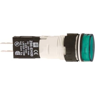 Schneider Electric XB6AV3BB grøn LED lampe med en diameter på 16 mm, monteret på et hvidt og sort hus.