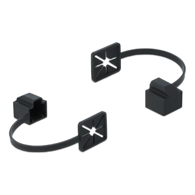 Sort DeLock-støvhætte til RJ45-stik med monteringsklips og forbindelsesrem, vist med stikdæksel og fastgørelsesdel.