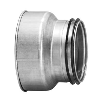 Lindab Safe RCFU reduktion, set fra siden, viser 160mm til 80mm galvaniseret stålrør med 45° vinkel og tætningsring.