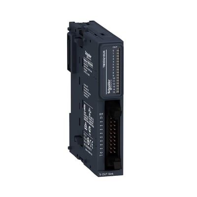 Schneider Electric Modicon TM3 udvidelsesmodul med 16 digitale udgange (NPN) på hvid baggrund, vist fra siden.