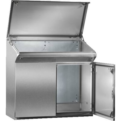 Rittal standerpult i rustfrit stål, model TP, med åben topklap og venstre dør på hvid baggrund.