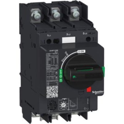 Schneider Electric TeSys GV4 motorværn, 115A, 50kA, med grå plastkabinet og sort drejehåndtag til betjening af ON/OFF.