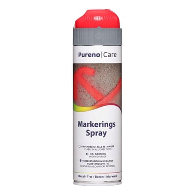Pureno Care markeringsspray rød, 500 ml, med sikkerhedshætte og tydelige markeringer på en stenet overflade. Indeholder vejrbeskyttelse og er velegnet til metal, træ og beton.