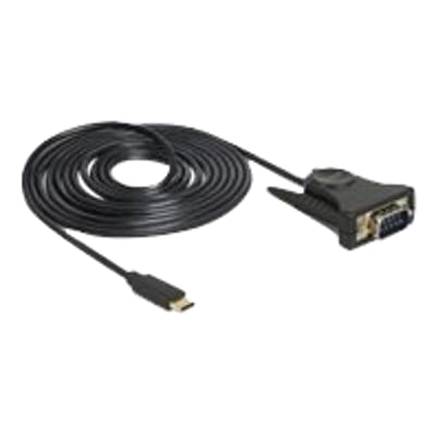 DeLock adapter fra USB Type-C til seriel DB9 RS-232 i sort kabel på hvid baggrund.