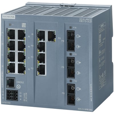 Siemens SCALANCE XB213-3LD industriel switch med 13 RJ45 og 3 singlemode FO SC-porte på en hvid baggrund, viser LED indikatorer og konsol port.