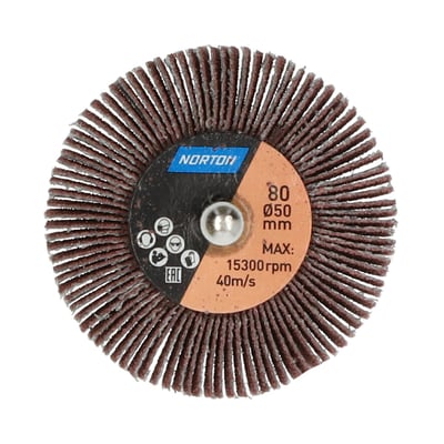 Norton slibevift på skaft Metal R207PLUS med brune slibelameller, set forfra; P80 og diameter 50 mm.