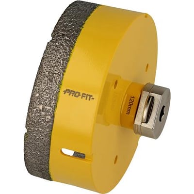 PRO-FIT diamanthulsav med 120 mm diameter, vist i et sidebillede med gul krop og diamantbelagt skærekant.
