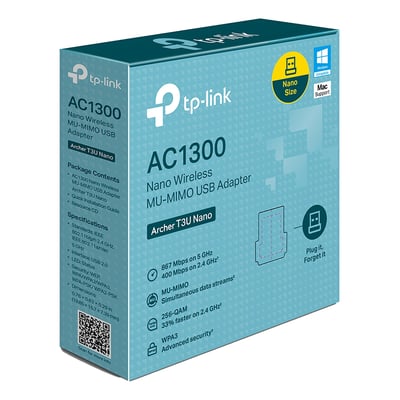 Emballagen til TP-Link Archer T3U Nano AC1300 mini dualband Wi-Fi USB-adapter med produktnavn og specifikationer på æsken.