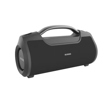 Sort Ironside Bluetooth-højttaler med bærehåndtag og afrundet kabinet, set skråt forfra.