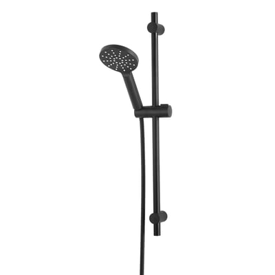 Pressalit Wave 50 brusestangsæt med rund håndbruser i mat sort. Sættet har en justerbar holder og en fleksibel slange.