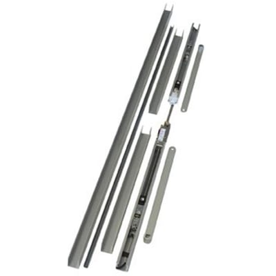 Dorma TS 93 GSR EMF 2/VK Contur sæt til dobbeltdøre i sølvfarvet aluminium og stål med glideskinner og mekaniske komponenter.