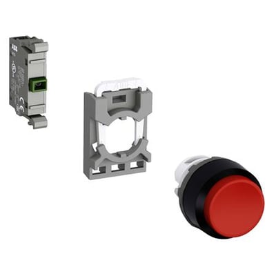ABB trykknap MP1-40R-10 i rød, sammen med en grå monteringsramme og en grøn kontaktblok.