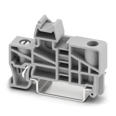 Detaljeret vinkel af grå Phoenix Contact endeholder E/UK, fremstillet i PA, på en metal monteringsskinne.