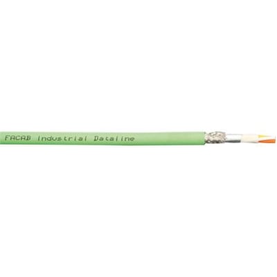 Faber Industrial Dataline P200 EFK (C) SFTP PUR Kat.5e LAN-kabel i grøn. Kablet har tydelig mærkning og viser et afskåret stykke med indre ledere i hvid, gul og orange.