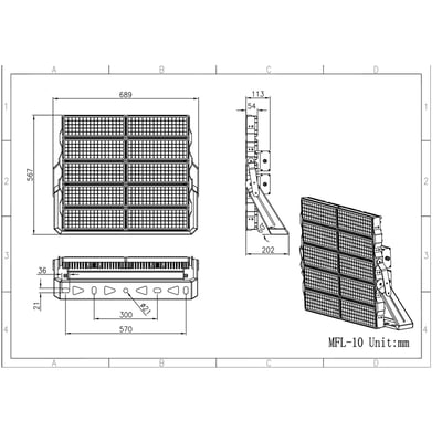 Teknisk tegning af Lysel Pandora MFL LED-projektør med dimensioner i mm, viser front, side og bundvisninger.