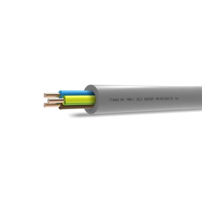 Grå installationskabel HMH-J 5G2,5 med kobberledere og halogenfri kappe, vist på hvid baggrund med synlige ledere.