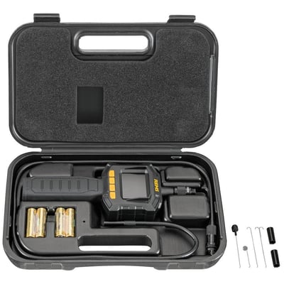 REMS MiniScope inspektionskamera sæt i en sort kuffert med controller, 1 meter kabel, 4 AA batterier og tilbehør.