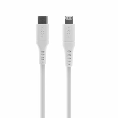 Hvidt FIXED USB-C til Lightning-kabel i flydende silikone med begge stik synlige; kablet er 1,2 meter langt.