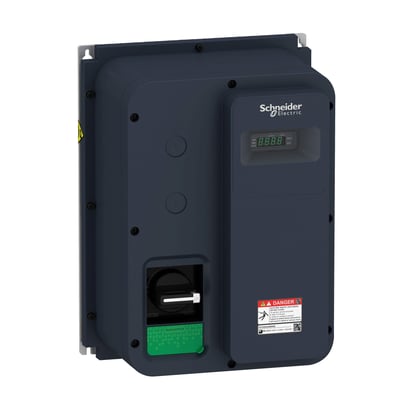 Detaljebillede af Schneider Electric frekvensomformer med grønt håndtag og advarselsskilt, viser digitalt display.