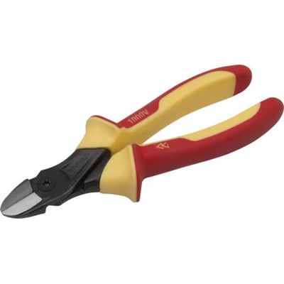 Bahco isoleret sidebidetang Ergo 140mm med to-komponent håndtag i rød og gul, isoleret til 1000V, på hvid baggrund.