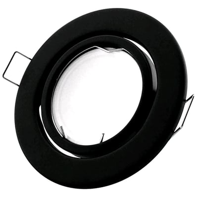 Sort indbygningsspot med rund, drejelig kant, til MR16- eller GU10-fatning, Ø9 cm og hulmål Ø7 cm.