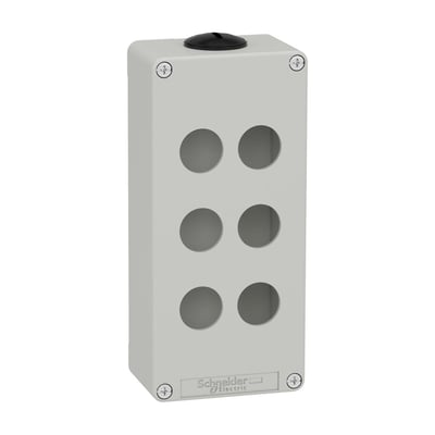 Schneider Electric trykknapkasse i metal, lysegrå, med seks Ø22 mm huller og et sort topstykke, på hvid baggrund.