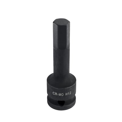 Sort Ironside krafttop til unbrakoskruer med lang, sekskantet top, vist stående; 10 mm, 1/2" og 78 mm.