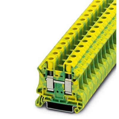 Detalje af Phoenix Contact UT 10-PE jordklemme, viser skrueterminalerne og monteringsskinne, 10mm².