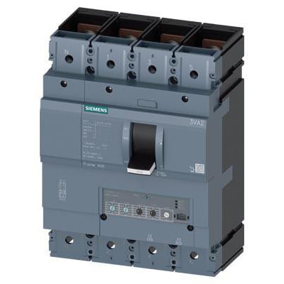 Siemens 3VA2 IEC maksimalafbryder, frame 400, 4-polet med sort vippekontakt og tydelig mærkning, designet til anlægsbeskyttelse.