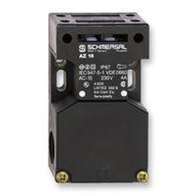 Schmersal AZ16 nøgleafbryder med 1 skifte og 2 slutte funktioner, mærket 5N og IP67. Afbryderen er sort og har synlige skruer.