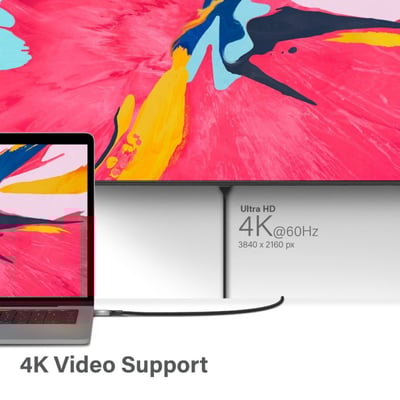 ALOGIC Ultra USB-C til HDMI kabel forbinder en bærbar computer til et stort 4K UHD TV med 60Hz, viser 4K Video Support.