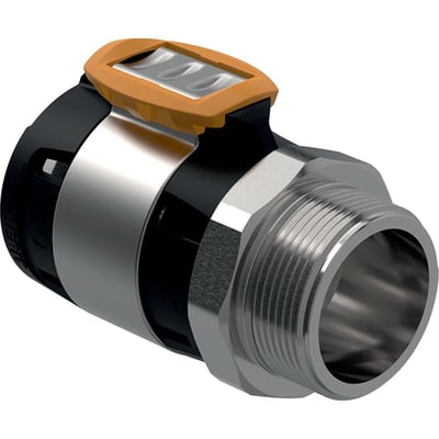 Geberit FlowFit overgang i CrNiMo-stål med 75mm diameter og 2 1/2" udvendigt gevind, vist med sort plastdetalje og orange frigørelsesclip.