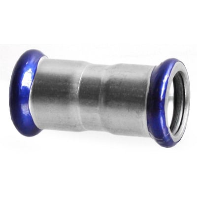 Unico rustfri dobbeltmuffe til 15mm pressfittings med blå markering på enderne, måler 52,2mm i længden.