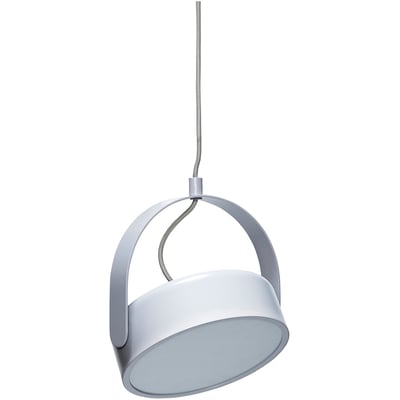 Grå Hübsch Stage loftlampe fritstående mod lys baggrund, set skråt nedefra med rund skærm og bøjle.