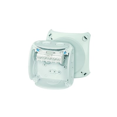 Nærbillede af Hensel Forgreningsdåse DK0202G, fokus på den 5-polede klemme med terminaler til kabler fra 0,75-4 mm².