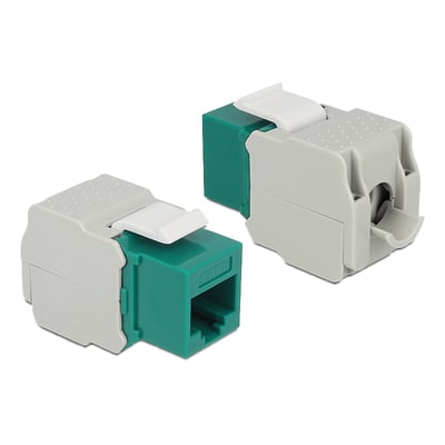 DeLock Keystone-modul RJ45 til Cat.6 UTP netværk, grønne og grå adaptere vist forfra og bagfra.