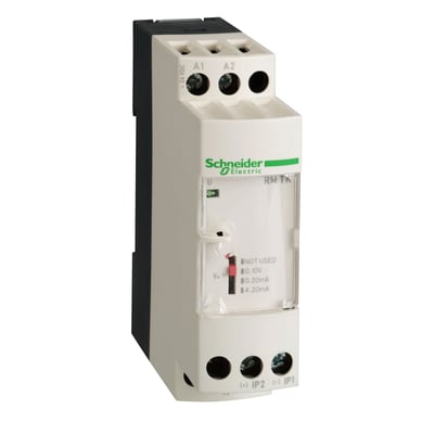 Schneider Electric Zelio temperaturtransmitter RM TK med 24 V DC spænding og udgangsinterval for 0-10V/0-20mA/4-20mA.