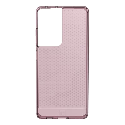 Gennemsigtigt lyserødt Urban Armor Gear Lucent cover til Samsung Galaxy S21 Ultra med mikrodotmønster, der viser telefonens kamerahul.